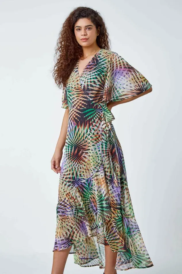 Multi Abstract Print Maxi Wrap Dress Women Roman Dresses