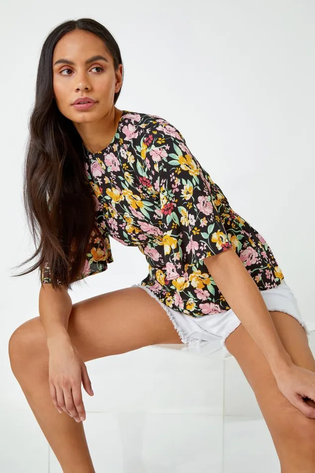 Multi Floral Print Angel Sleeve Top Women Roman Tops