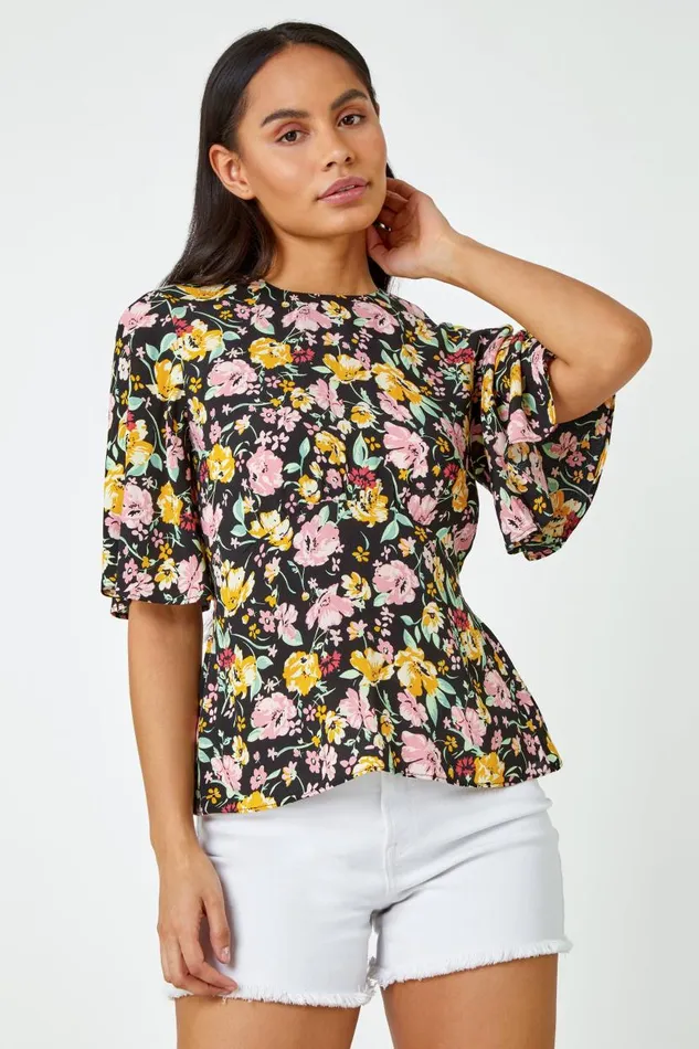 Multi Floral Print Angel Sleeve Top Women Roman Tops