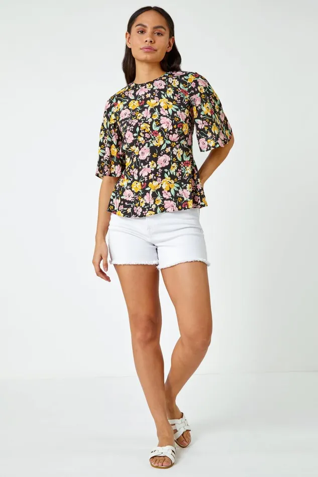 Multi Floral Print Angel Sleeve Top Women Roman Tops