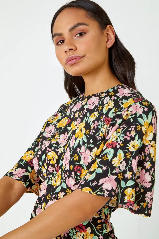 Multi Floral Print Angel Sleeve Top Women Roman Tops