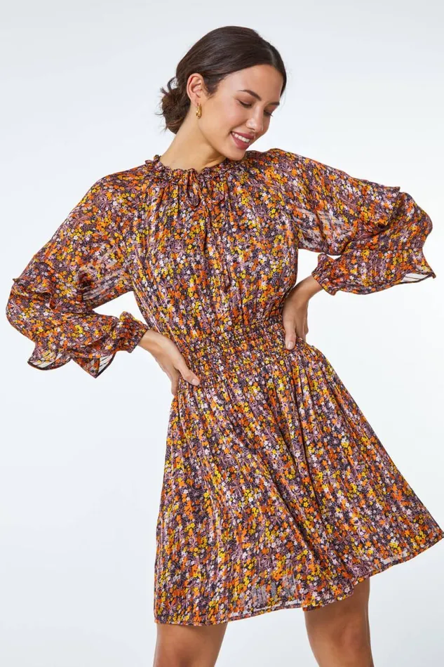 Multi Floral Print Chiffon Frill Mini Dress Women Roman Dresses