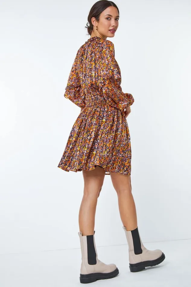 Multi Floral Print Chiffon Frill Mini Dress Women Roman Dresses