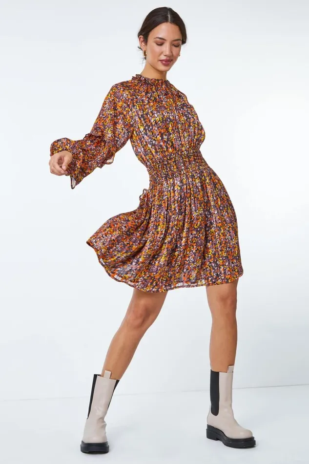 Multi Floral Print Chiffon Frill Mini Dress Women Roman Dresses