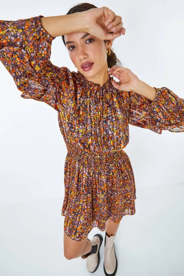 Multi Floral Print Chiffon Frill Mini Dress Women Roman Dresses