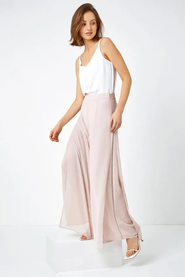 Natural Diamante Side Split Chiffon Trousers Women Roman Occasionwear