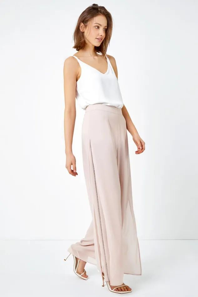 Natural Diamante Side Split Chiffon Trousers Women Roman Occasionwear