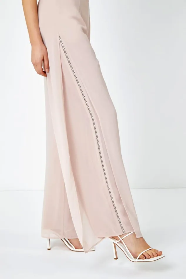 Natural Diamante Side Split Chiffon Trousers Women Roman Occasionwear