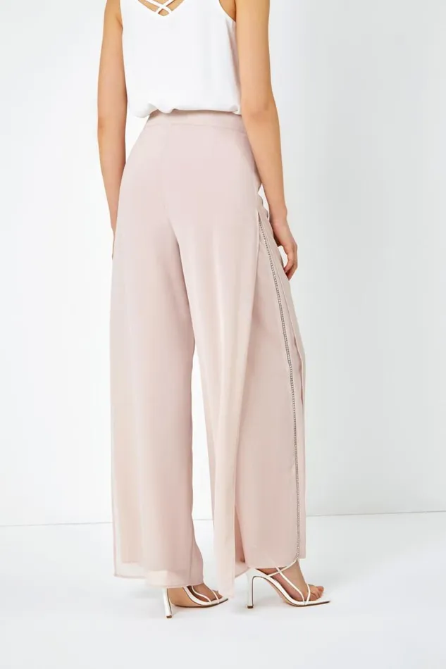 Natural Diamante Side Split Chiffon Trousers Women Roman Occasionwear
