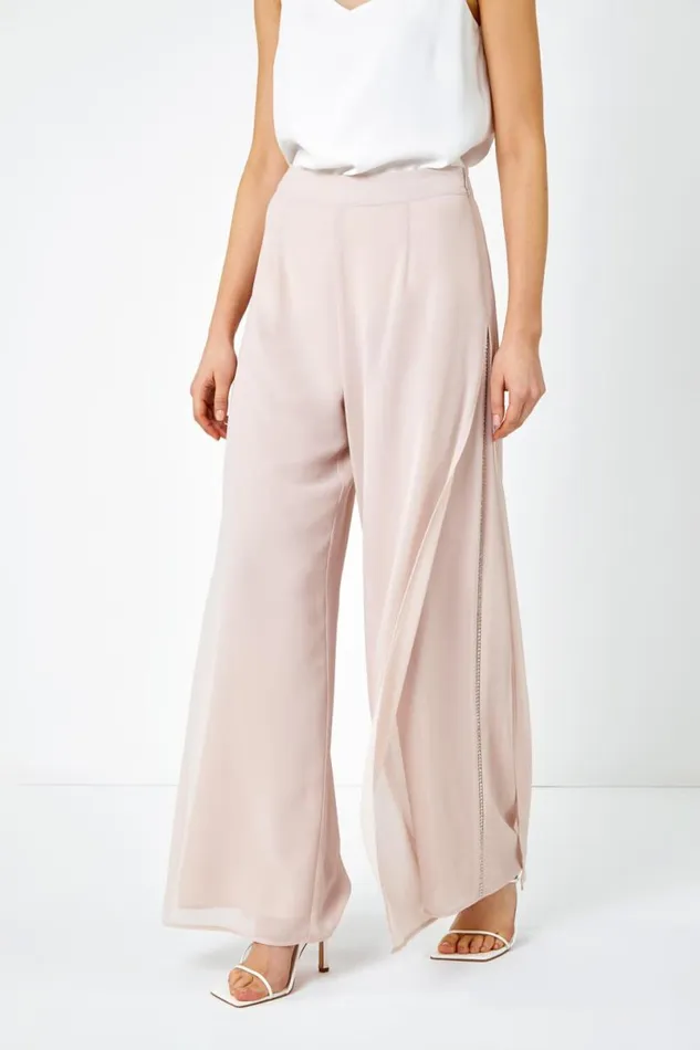 Natural Diamante Side Split Chiffon Trousers Women Roman Occasionwear