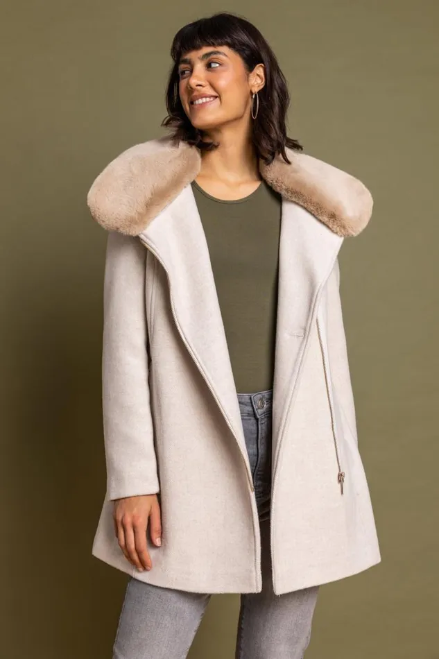 Natural Formal Faux Fur Collar Coat Women Roman Coats