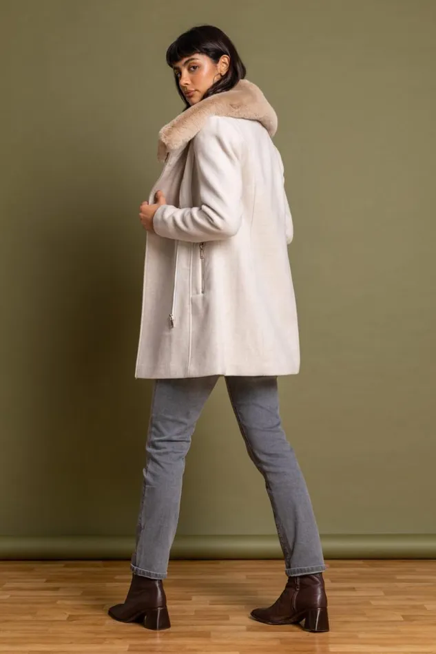 Natural Formal Faux Fur Collar Coat Women Roman Coats