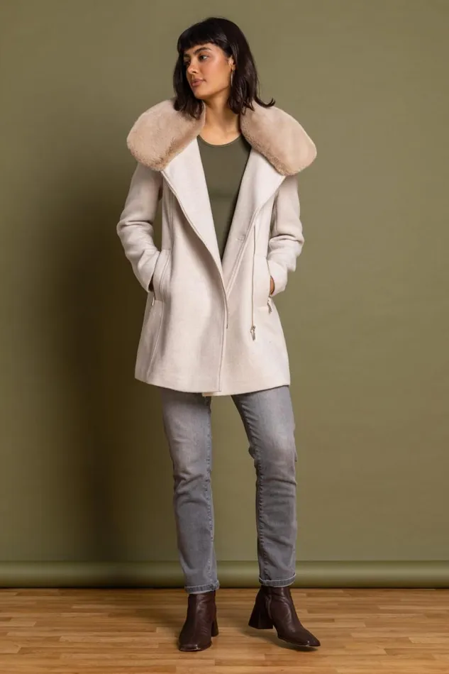 Natural Formal Faux Fur Collar Coat Women Roman Coats