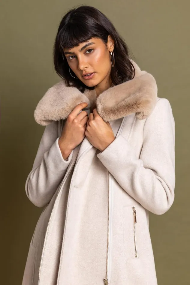 Natural Formal Faux Fur Collar Coat Women Roman Coats