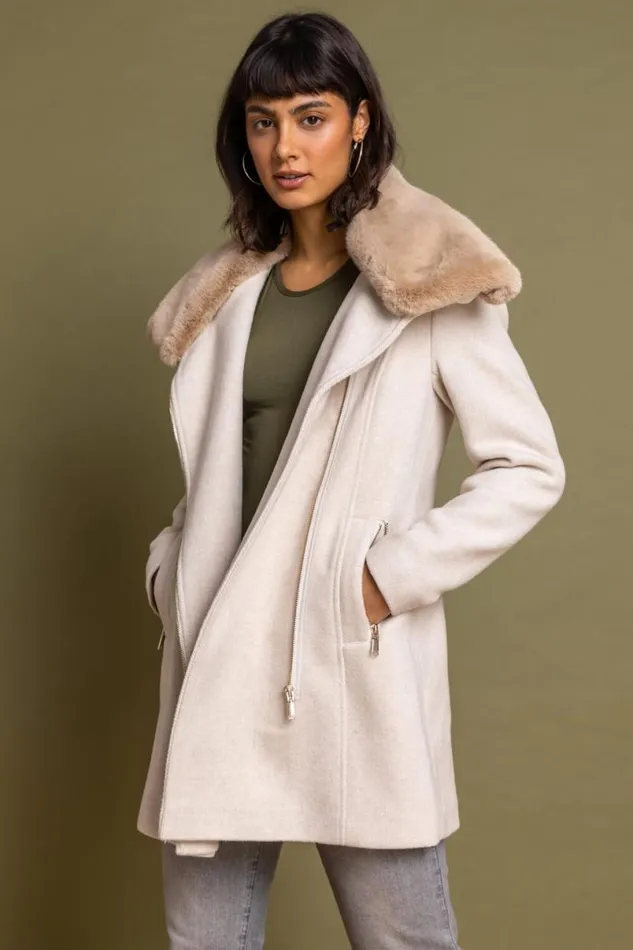 Natural Formal Faux Fur Collar Coat Women Roman Coats