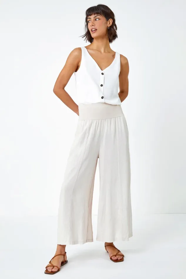 Natural Linen Blend Elastic Waist Cropped Culottes Women Roman Trousers