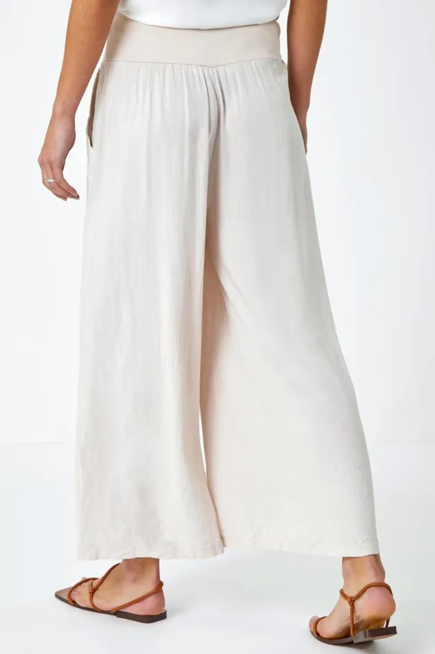 Natural Linen Blend Elastic Waist Cropped Culottes Women Roman Trousers