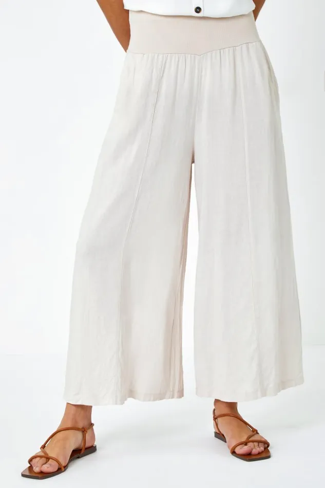 Natural Linen Blend Elastic Waist Cropped Culottes Women Roman Trousers