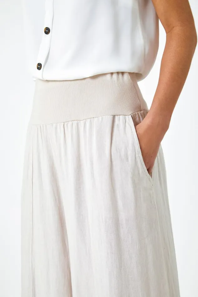 Natural Linen Blend Elastic Waist Cropped Culottes Women Roman Trousers