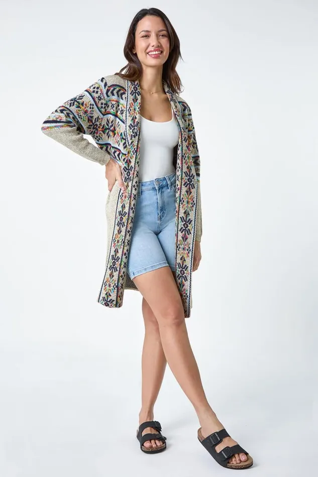 Natural Nordic Patterned Longline Cardigan Women Roman Knitwear