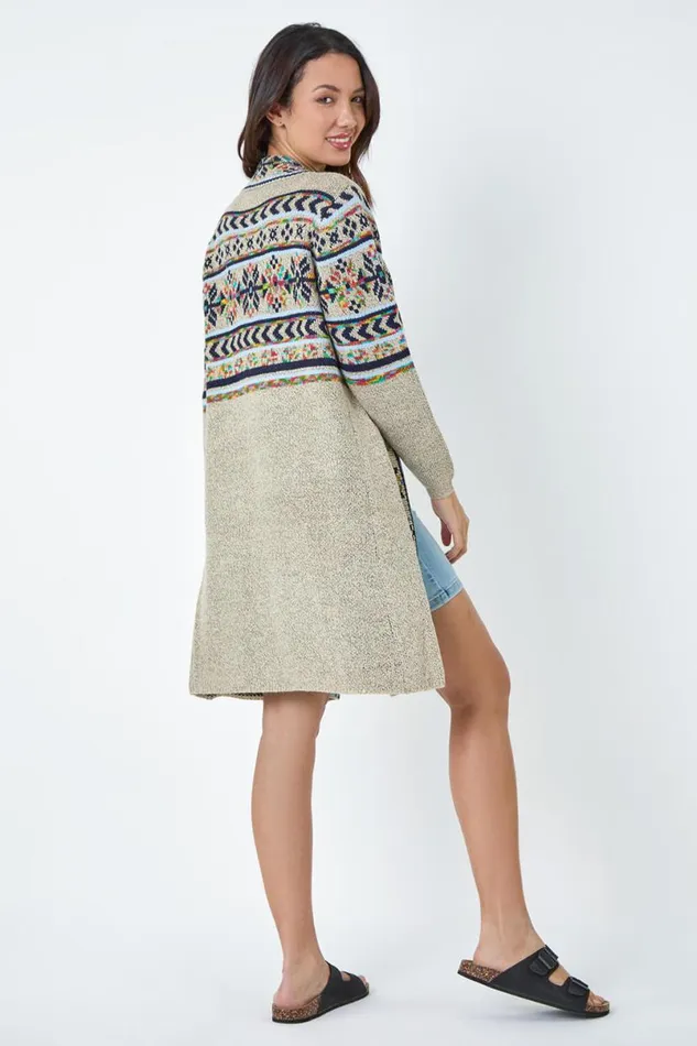 Natural Nordic Patterned Longline Cardigan Women Roman Knitwear