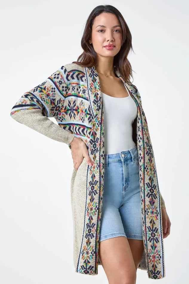 Natural Nordic Patterned Longline Cardigan Women Roman Knitwear