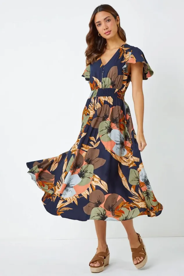 Navy Angel Sleeve Floral Print Midi Dress Women Roman Dresses