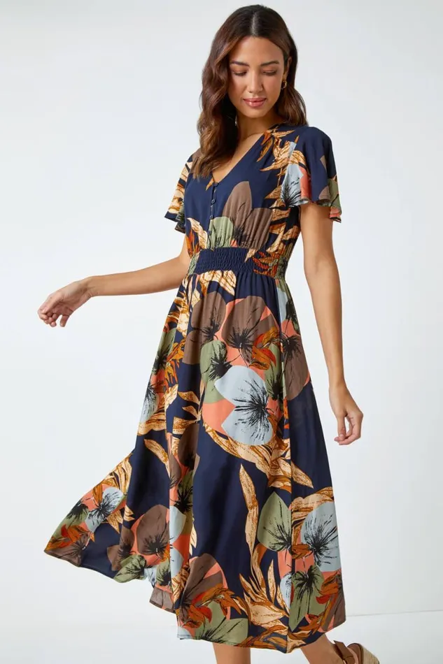 Navy Angel Sleeve Floral Print Midi Dress Women Roman Dresses