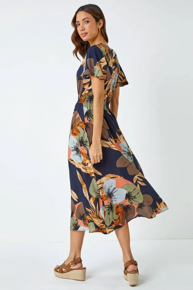 Navy Angel Sleeve Floral Print Midi Dress Women Roman Dresses