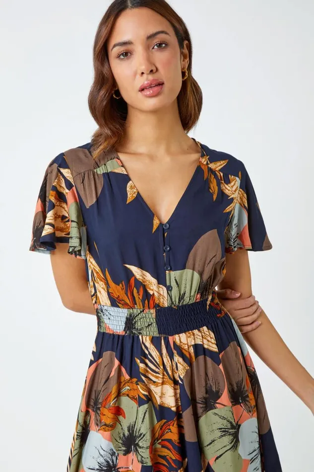 Navy Angel Sleeve Floral Print Midi Dress Women Roman Dresses