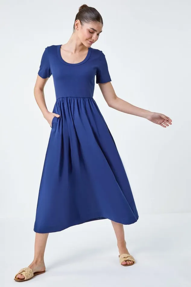 Navy Cotton Stretch Jersey Mix Midi Dress Women Roman Dresses