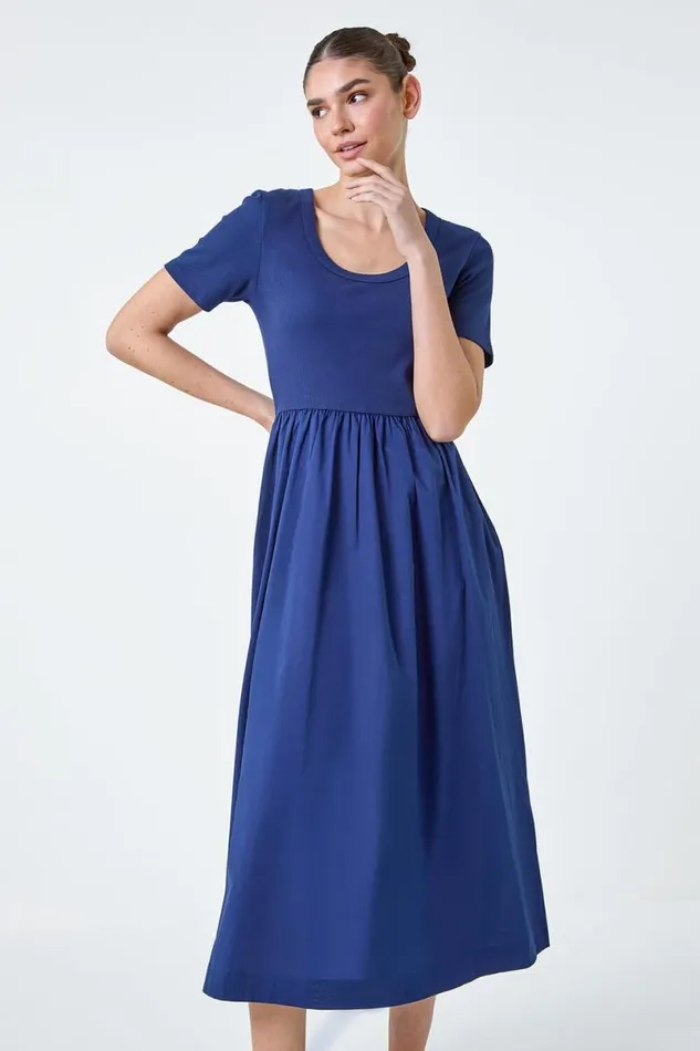 Navy Cotton Stretch Jersey Mix Midi Dress Women Roman Dresses