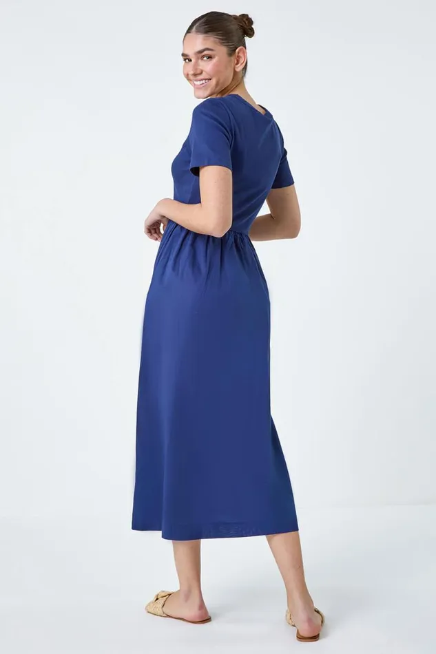 Navy Cotton Stretch Jersey Mix Midi Dress Women Roman Dresses