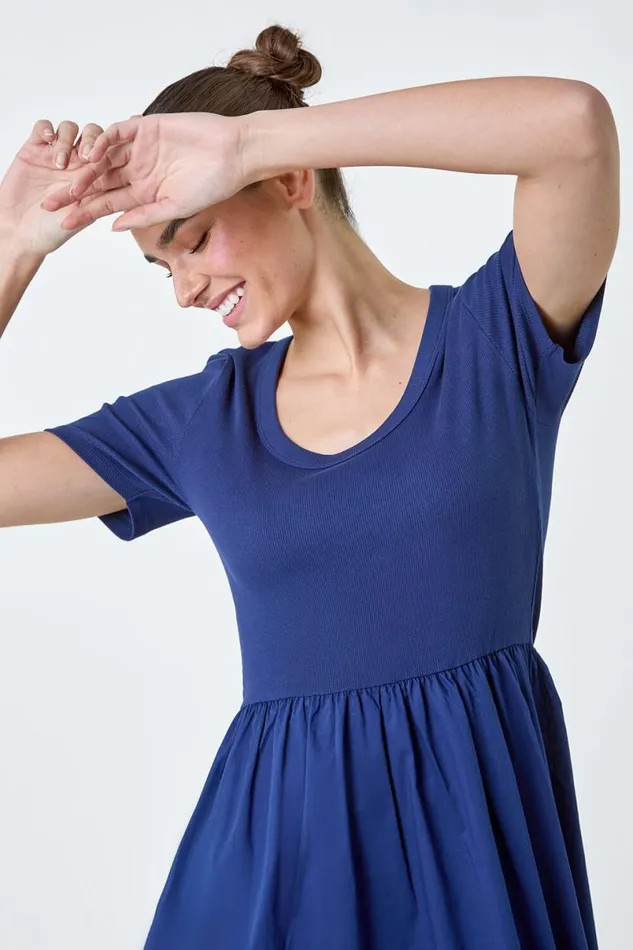 Navy Cotton Stretch Jersey Mix Midi Dress Women Roman Dresses