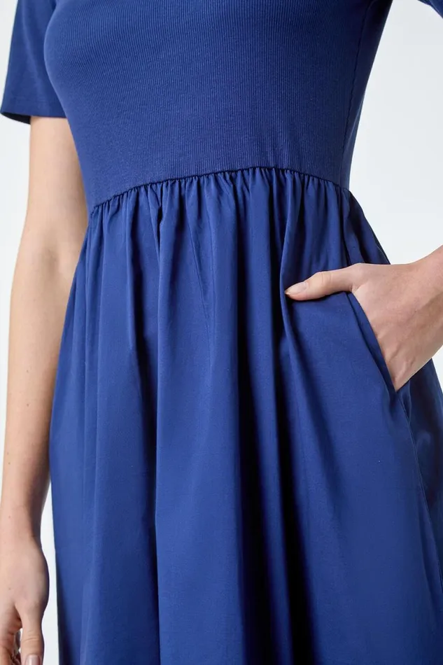 Navy Cotton Stretch Jersey Mix Midi Dress Women Roman Dresses