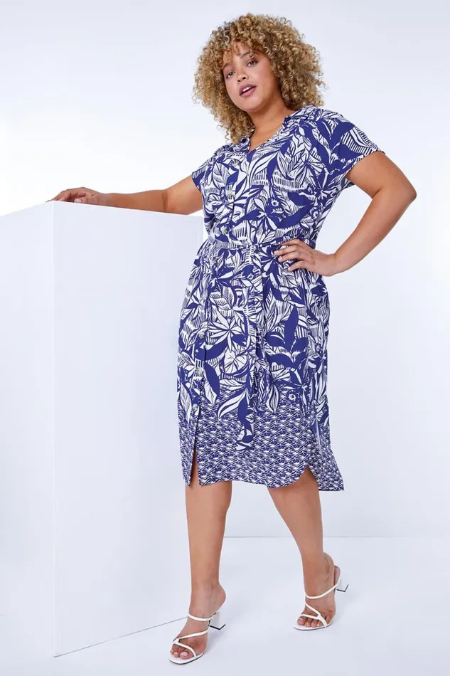 Navy Curve Border Print Shirt Dress Women Roman Dresses