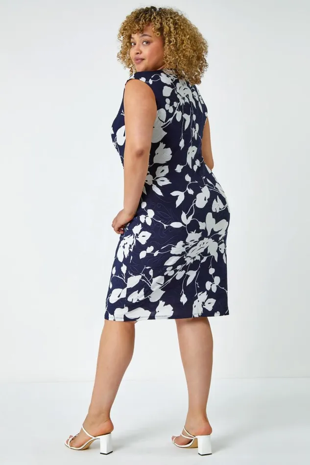 Navy Curve Floral Print Ruched Dress Women Roman Dresses