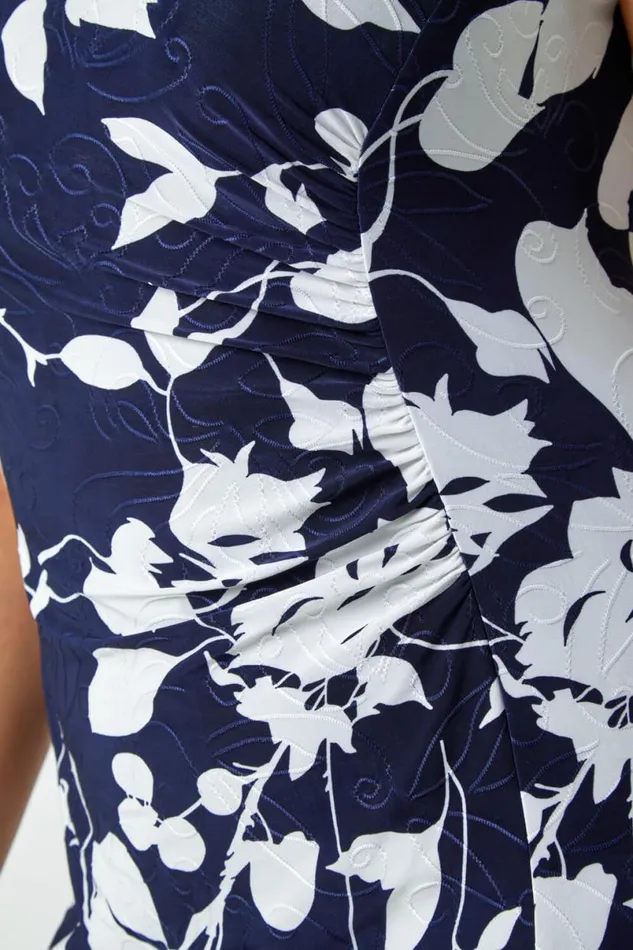 Navy Curve Floral Print Ruched Dress Women Roman Dresses
