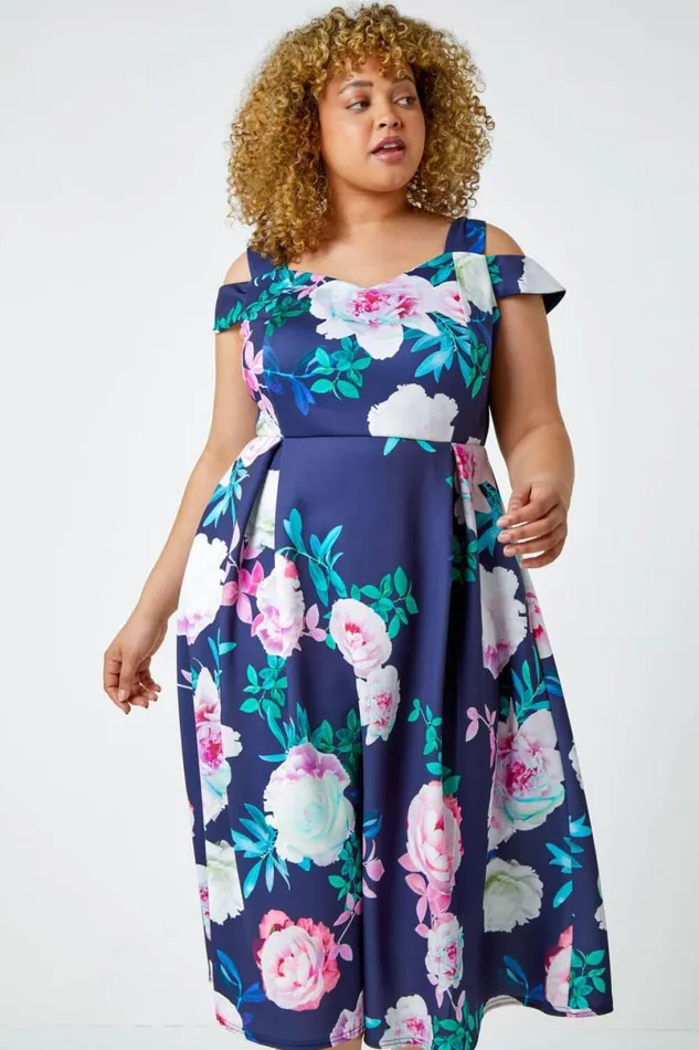 Navy Curve Premium Stretch Floral Dress Women Roman Dresses