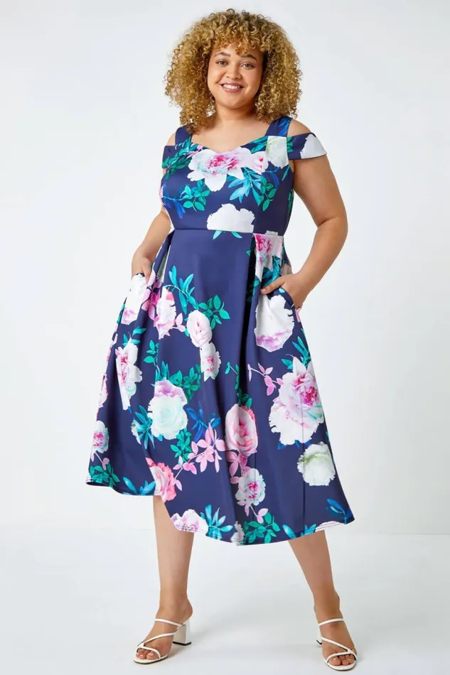 Navy Curve Premium Stretch Floral Dress Women Roman Dresses