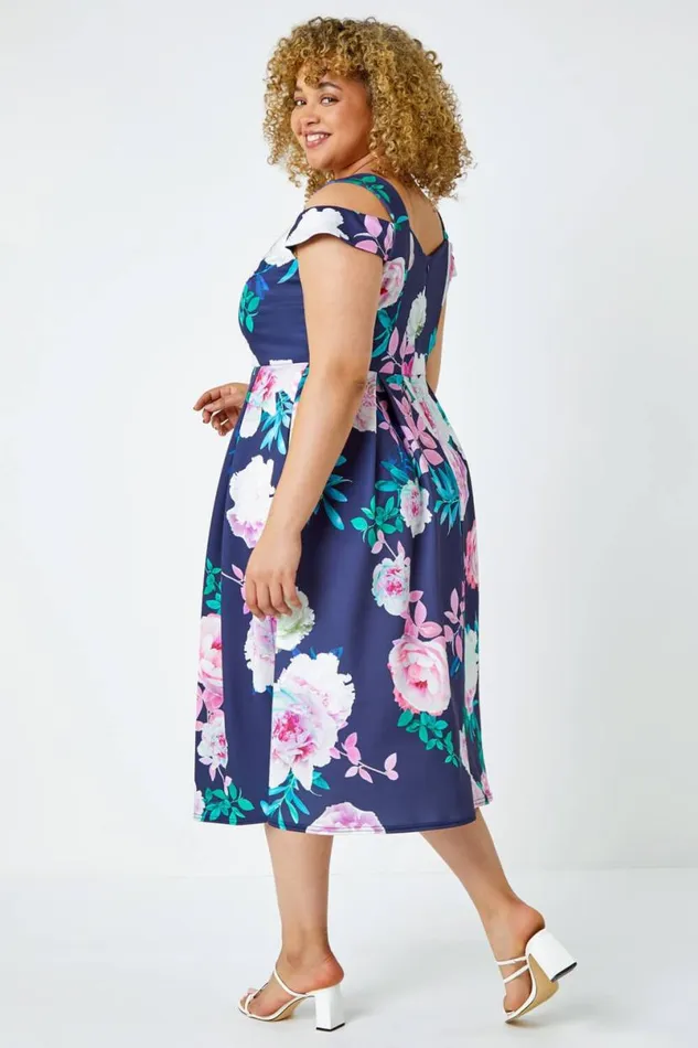 Navy Curve Premium Stretch Floral Dress Women Roman Dresses