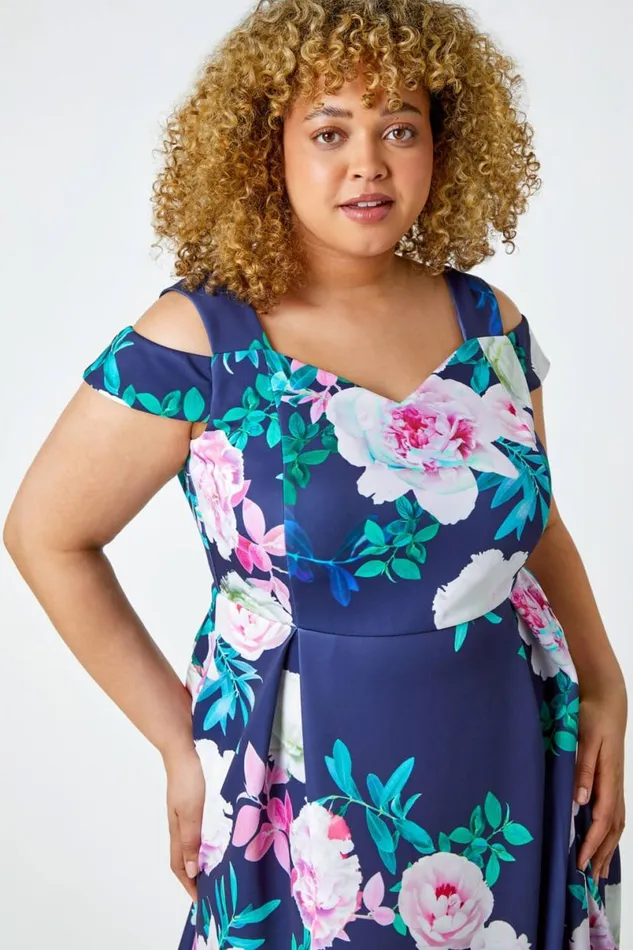 Navy Curve Premium Stretch Floral Dress Women Roman Dresses