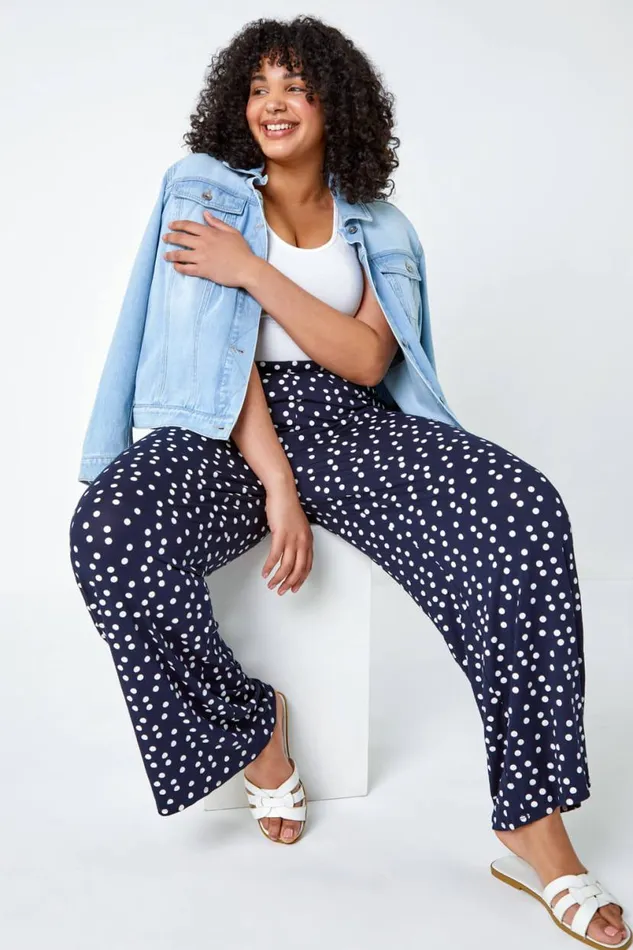 Navy Curve Spot Print Wide Leg Trousers Women Roman Trousers