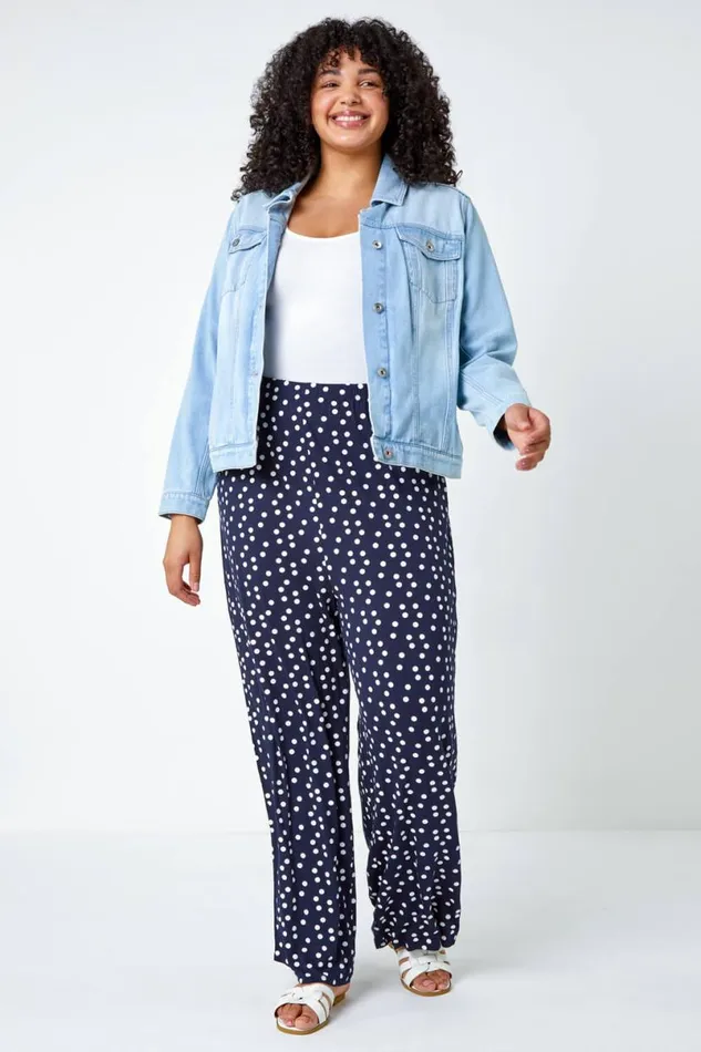 Navy Curve Spot Print Wide Leg Trousers Women Roman Trousers
