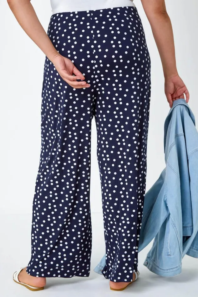 Navy Curve Spot Print Wide Leg Trousers Women Roman Trousers