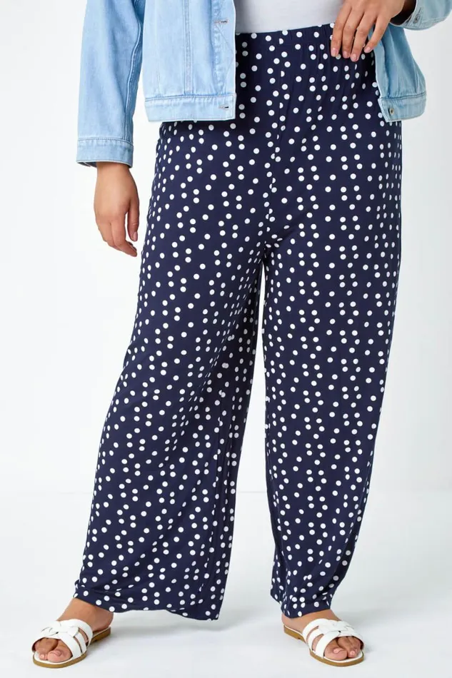 Navy Curve Spot Print Wide Leg Trousers Women Roman Trousers