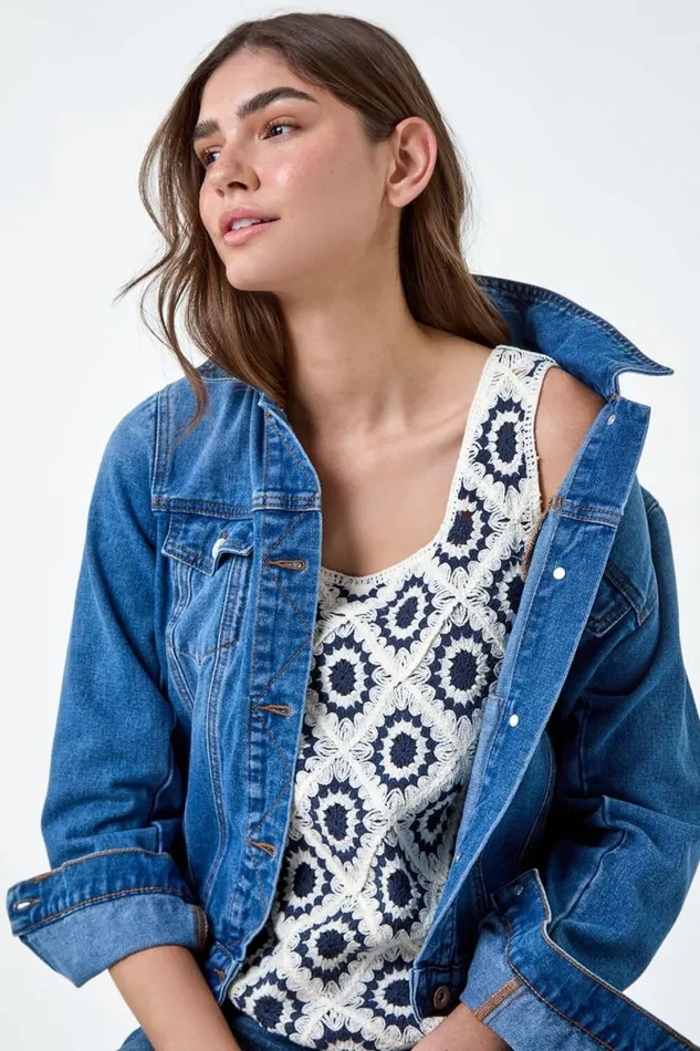 Navy Diamond Crochet Cotton Blend Vest Women Roman Tops