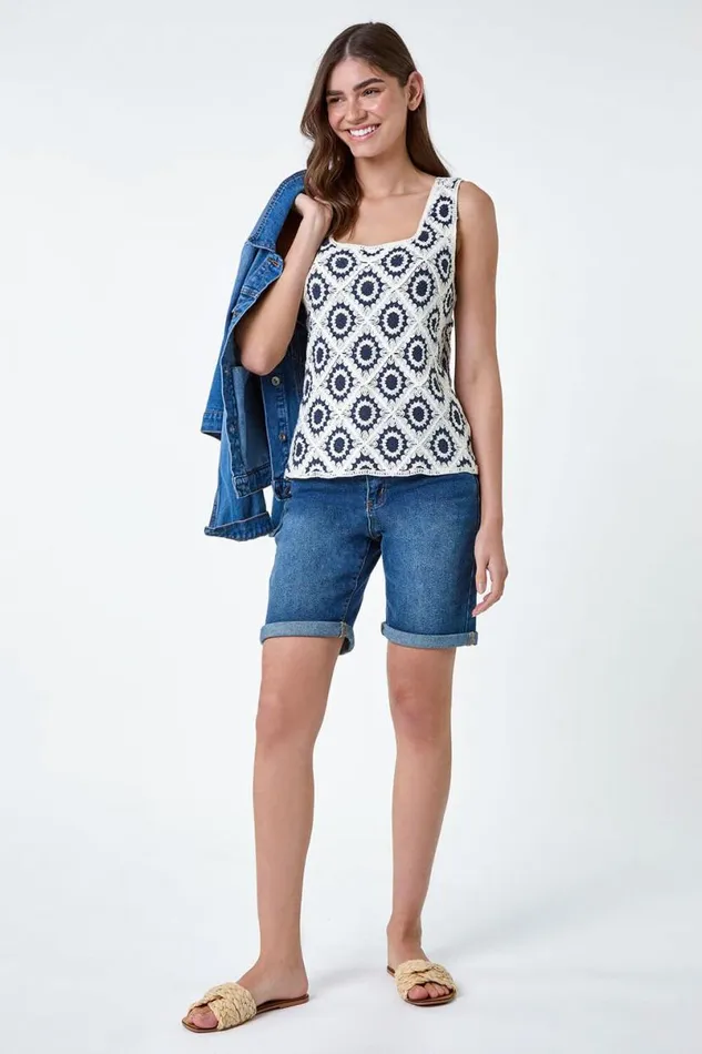 Navy Diamond Crochet Cotton Blend Vest Women Roman Tops