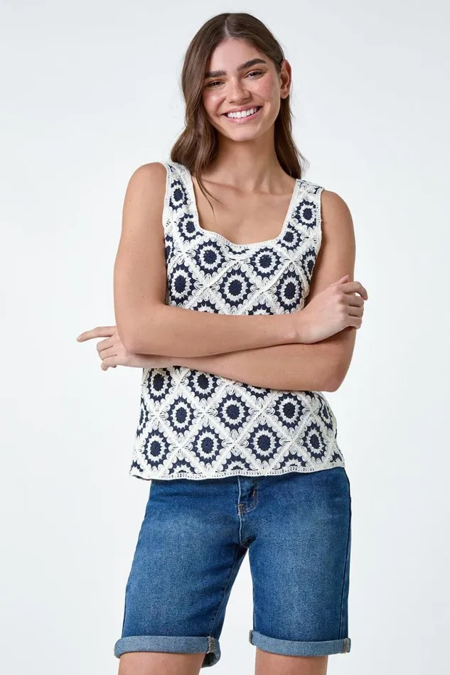 Navy Diamond Crochet Cotton Blend Vest Women Roman Tops