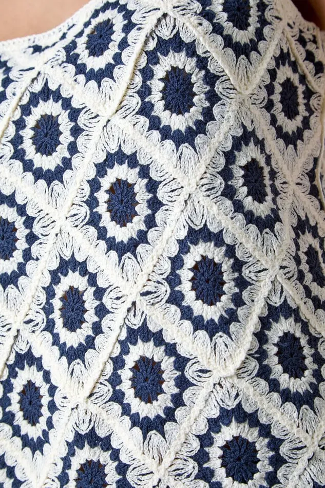 Navy Diamond Crochet Cotton Blend Vest Women Roman Tops